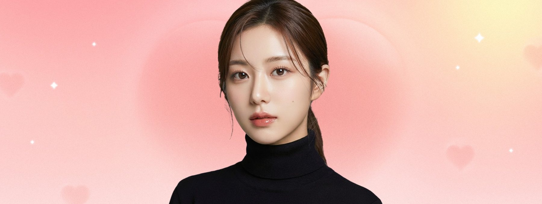 검은 터틀넥 모델 정면(분홍 하트 배경)