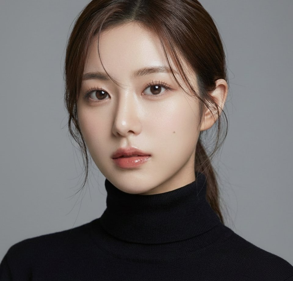 검은 터틀넥 모델 정면 얼굴(회색 배경) — 첫 화면 왼쪽 반